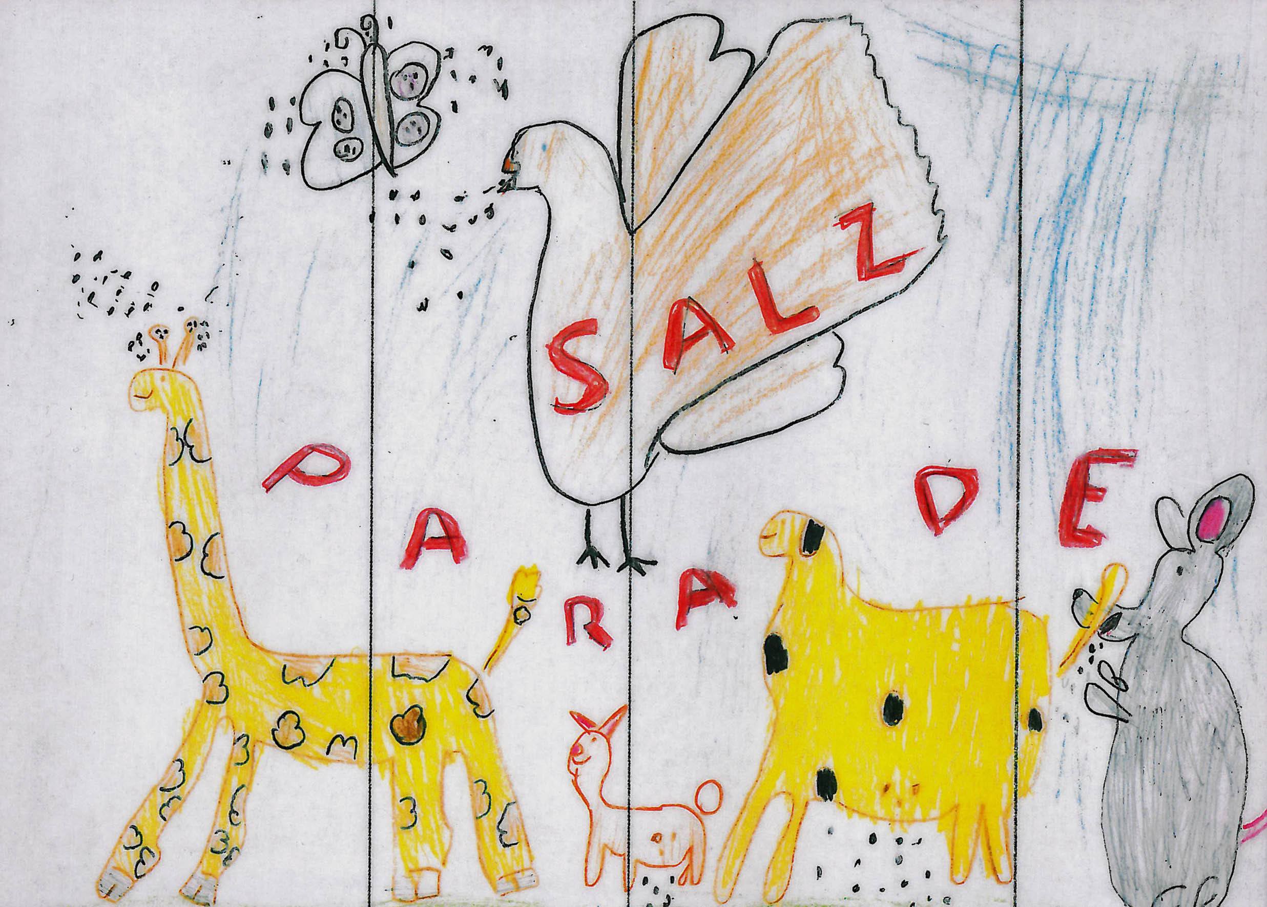 Entwurf eines Salzpäckchens zum Thema „miteinander-füreinander“ von Andrea Solodov, der nur aus einzelnen Punkten besteht, die Salzkörnern gleichen. Bei diesem prämierten Entwurf lässt die sechsjährige Zeichnerin eine tierische Salz-Parade abhalten.