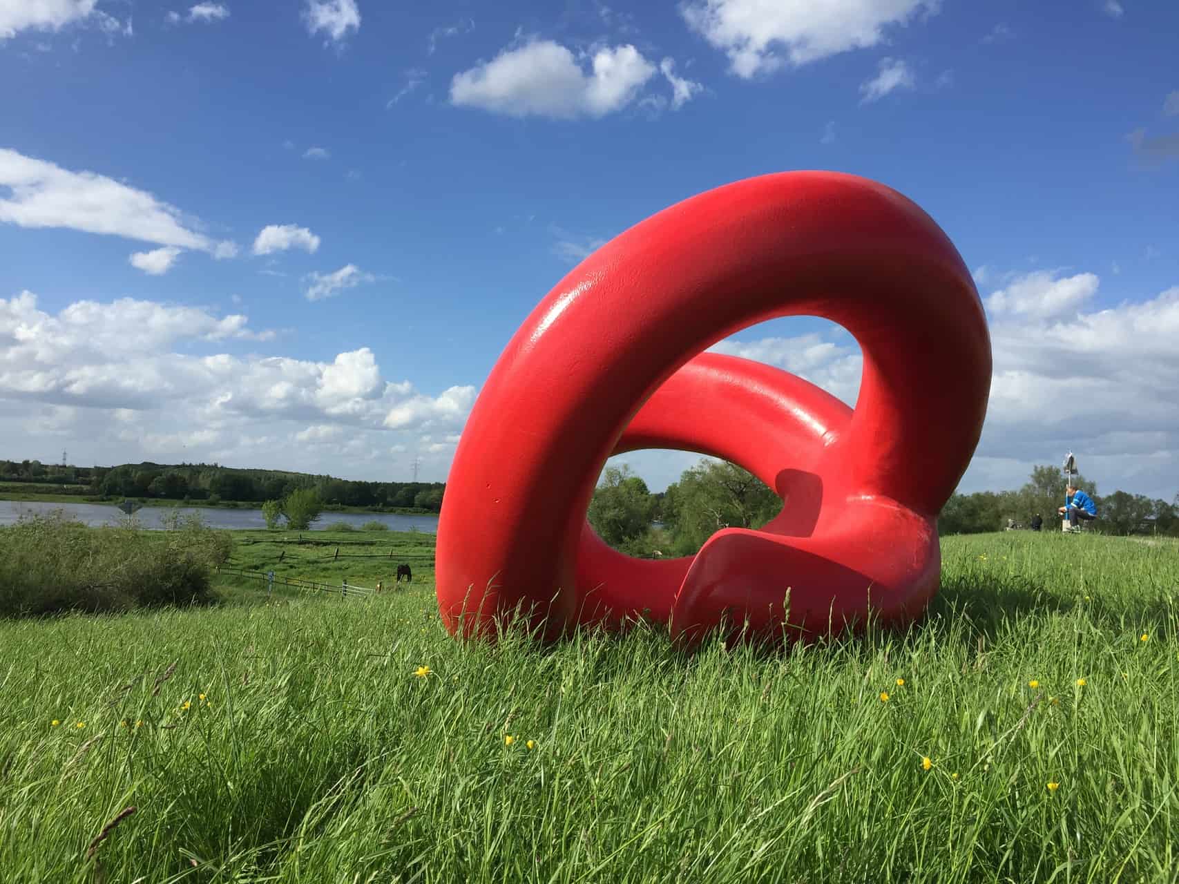 Eine organisch wirkende, rote Skulptur steht auf einer grünen Wiese oberhalb eines leicht abfallenden Hands, im Hintergrund ein Gewässer mit Bäumen am Ufer.